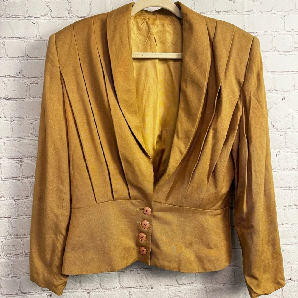 Michelle Stuart vintage y2k ladies structured pleated tan jacket gold size 14